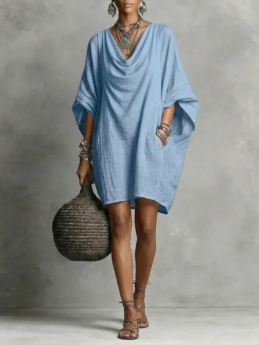 Dark Blue Cowl Neck Batwing Sleeve Midi Dress