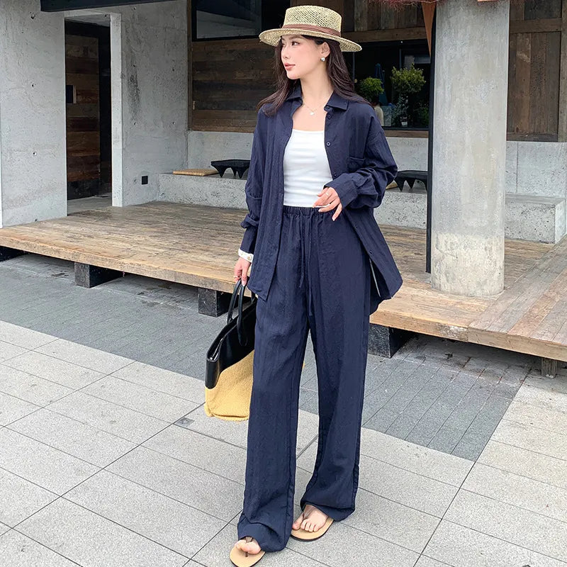 Oversized Long Sleeve Shirt Drawstring Shorts / Pants 2 Piece Casual Suit