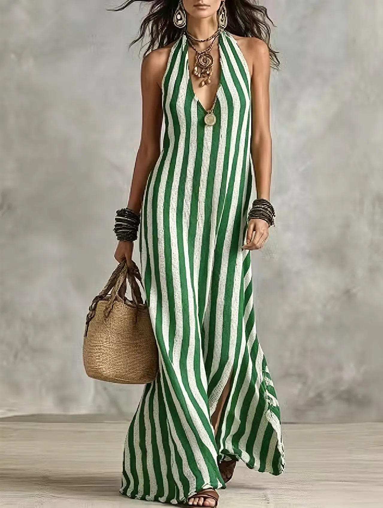 Striped Halter Neck Deep V-Neck Maxi Dress