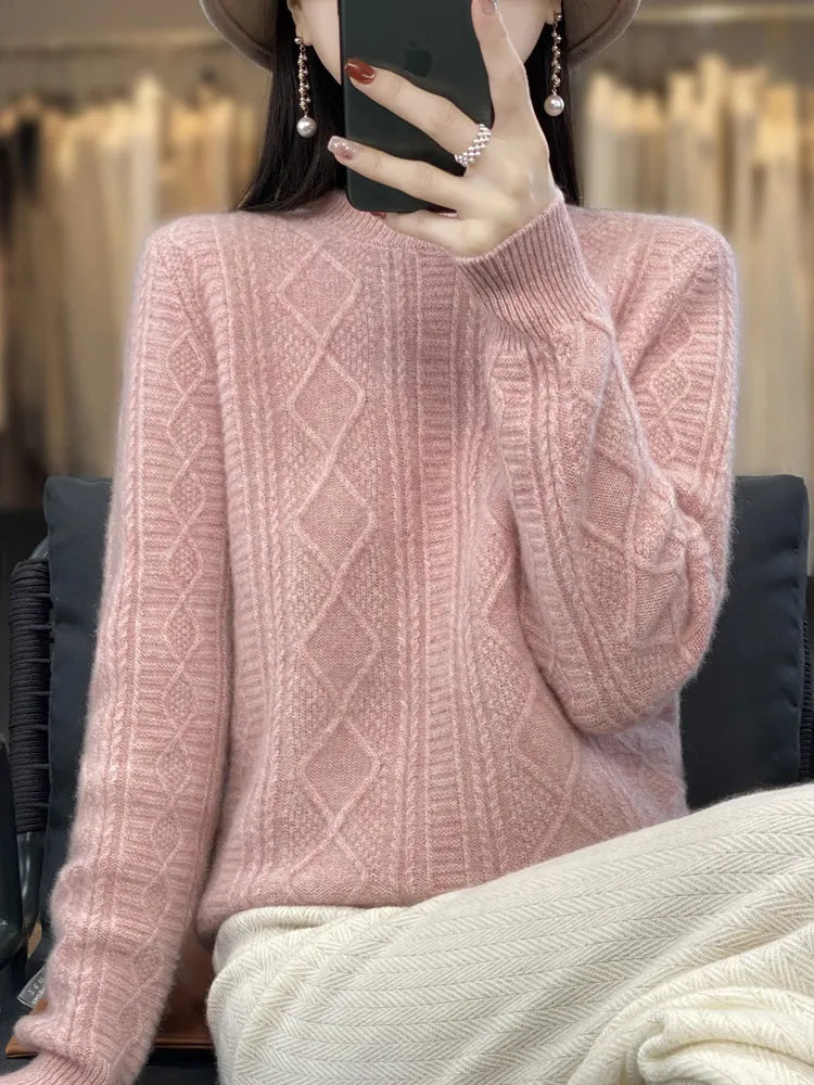 Crew Neck Diamond Jacquard Pullover Sweater