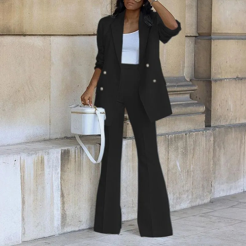 Double Breasted Blazer & High Waist Flared Pants Two Piece Commuter Suit Set