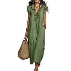Woven Green Ruffle V-Neck Loose Maxi Dress