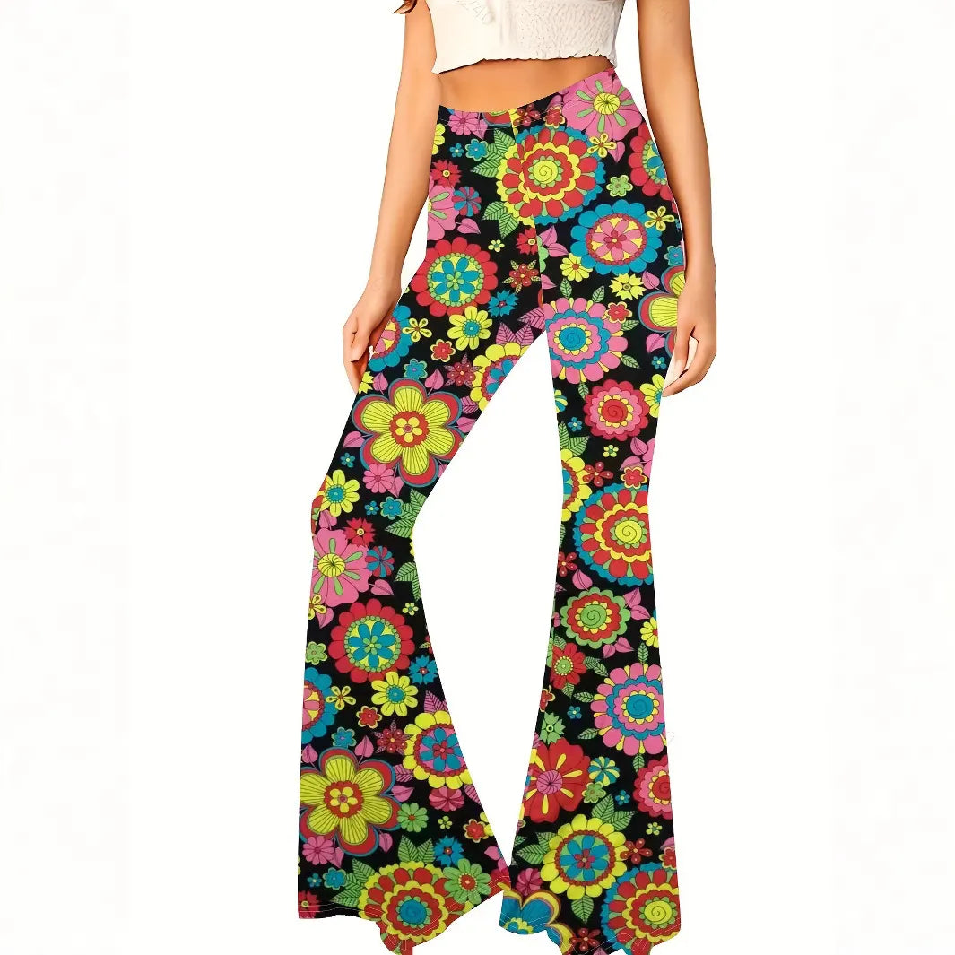 High Waist Allover Floral Print Flared Casual Long Pants