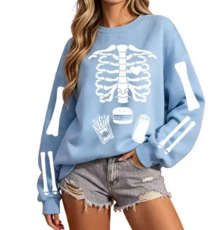 Halloween Skeleton Food Print Crew Neck Sweatshirt