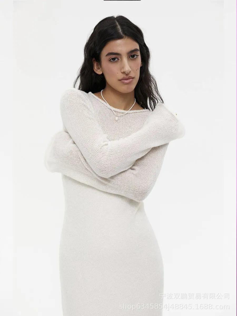 Light Pink Semi Sheer Knit Dress, Ladies Crew Neck Flared Sleeve Elegant Long Knit Midi Dress