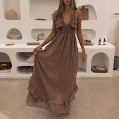 Brown Ruffle Deep V-Neck Spaghetti Strap Maxi Dress