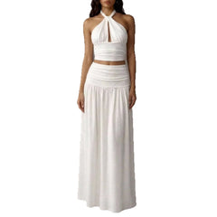 Halter Cutout Crop Top Maxi Skirt 2 Piece Outfit Textured Crinkle Matching Set
