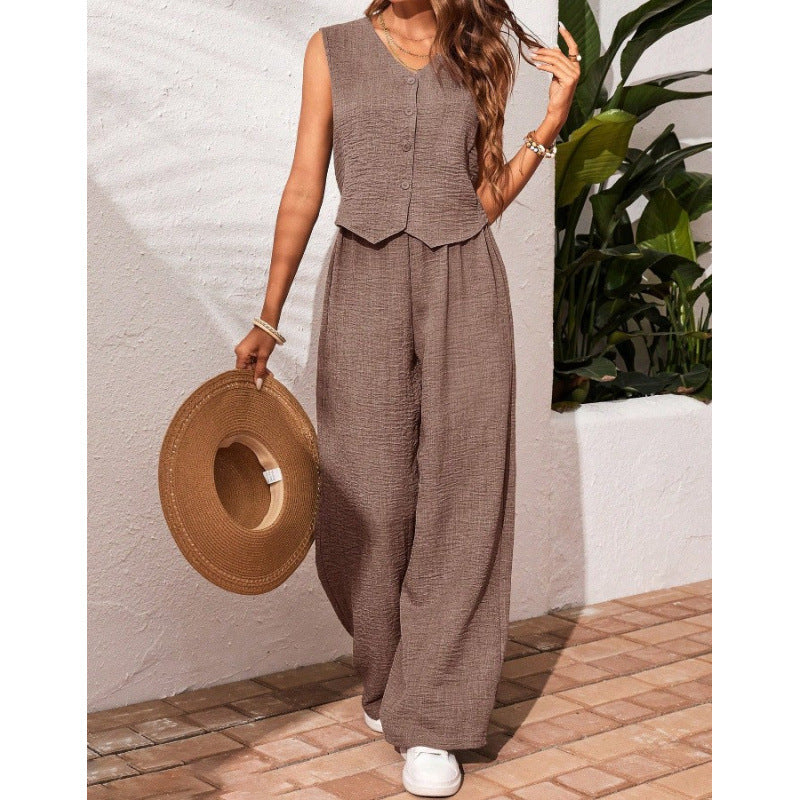 Green V-Neck Button Vest & Wide-Leg Pants Two-Piece Set