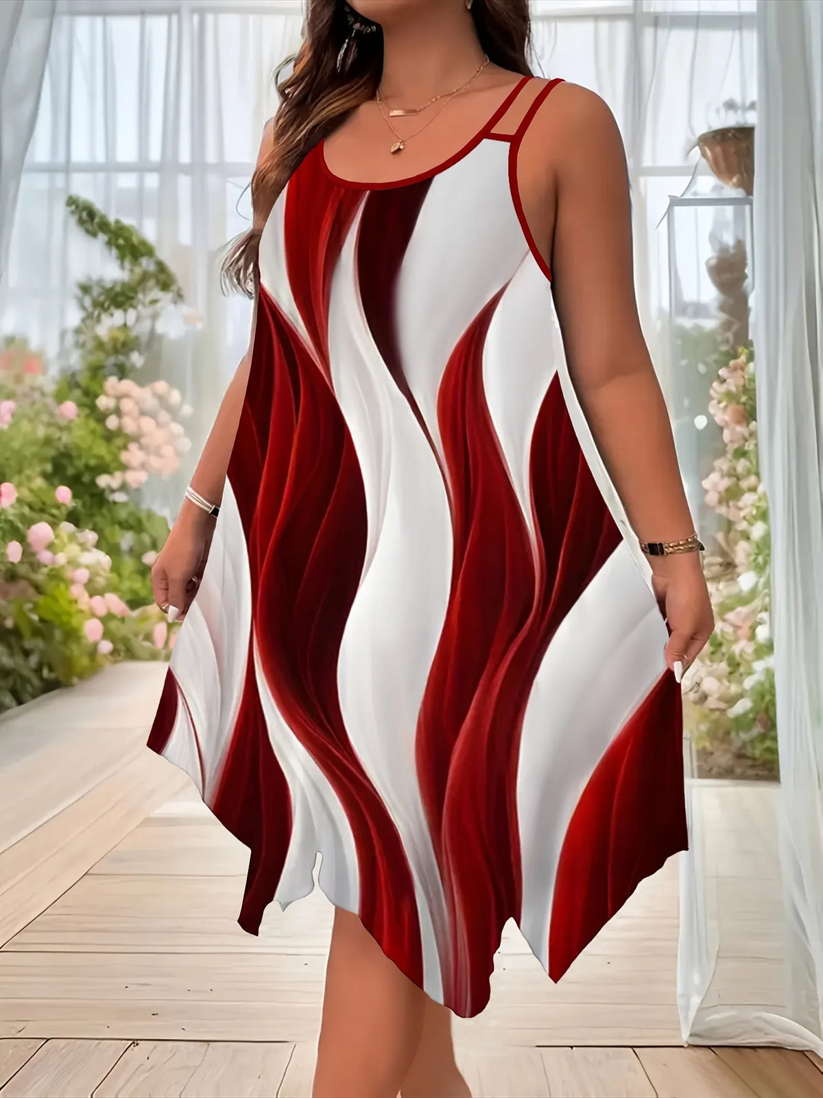 Wave Print Round Neck Double Spaghetti Strap Loose Irregular Hem Midi Dress