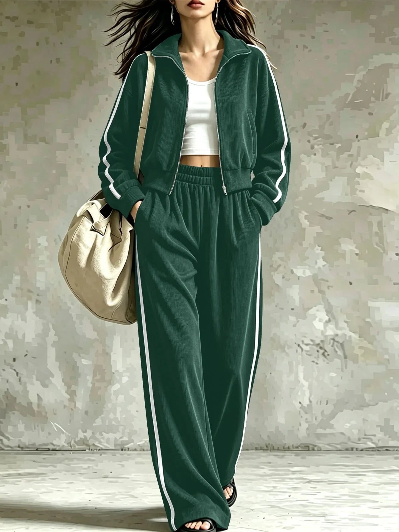 Side Stripe Athletic Sweatsuit, Stand Collar Zip Crop Jacket Elastic Waist Wide Leg Pants Set