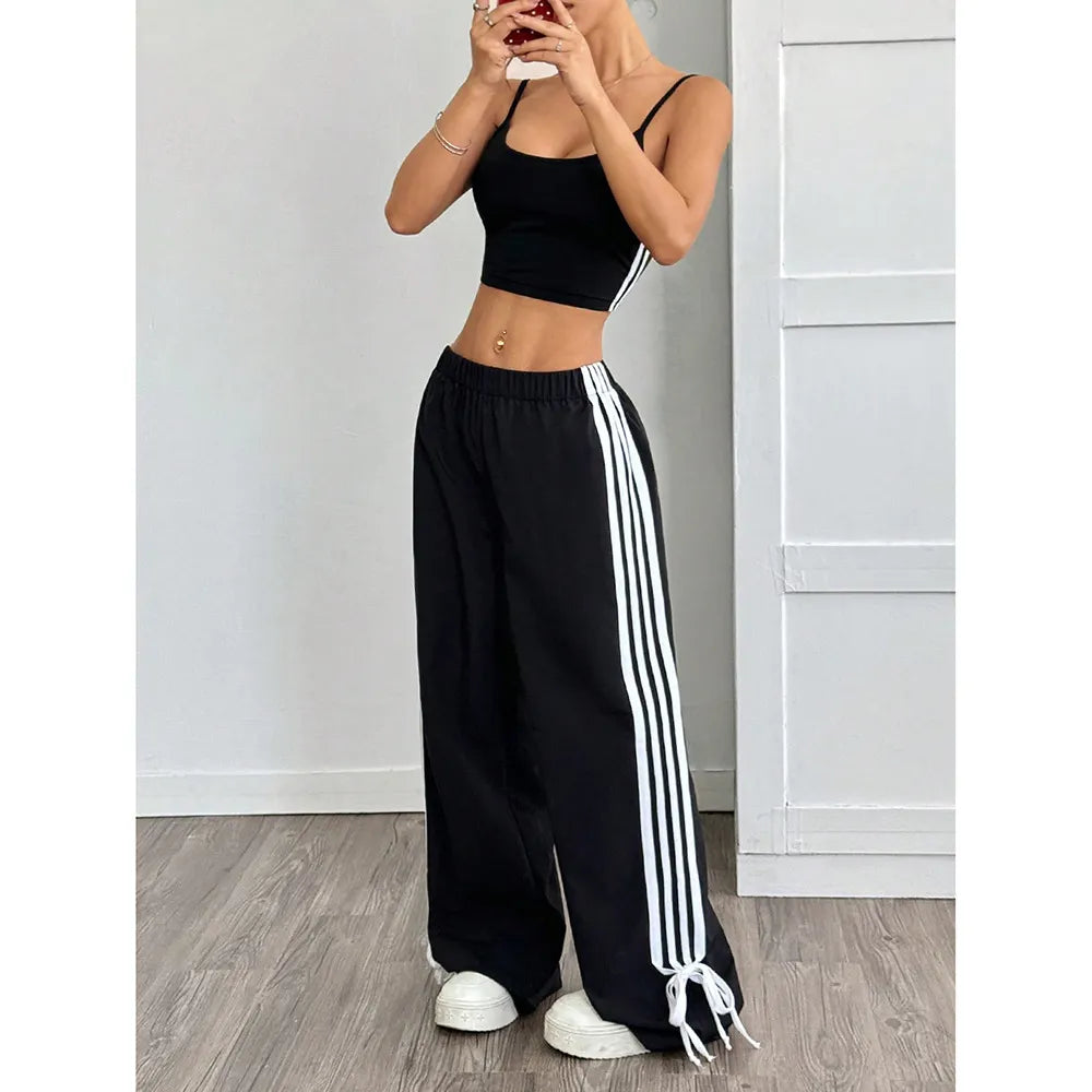 Street Striped Drawstring Wide Leg Casual Pants