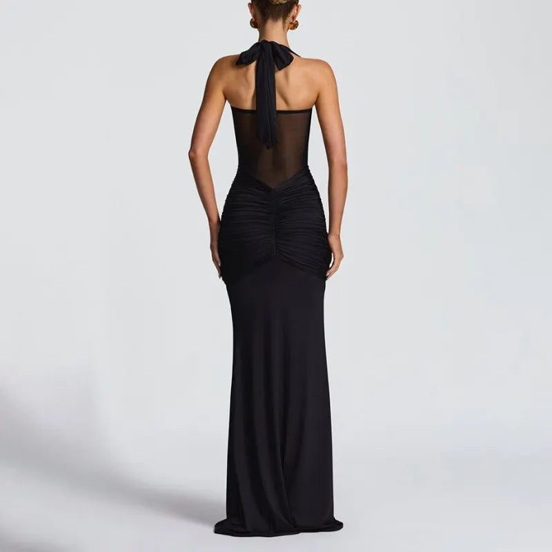 Burgundy Halter Mesh Cutout Mermaid Maxi Dress