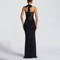 Burgundy Halter Mesh Cutout Mermaid Maxi Dress
