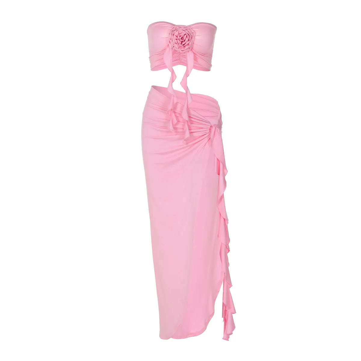 3D Floral Two-Piece Set, Strapless Crop Top & High Slit Maxi Skirt