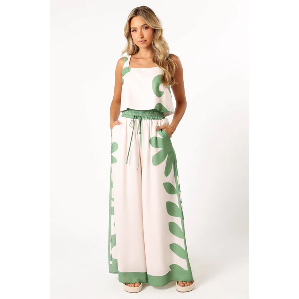 Green White Floral Print Sleeveless Top & Wide Leg Pants Two Piece Set