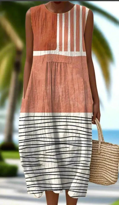 Round Neck Sleeveless 3D Floral Print Loose A-Line Midi Dress