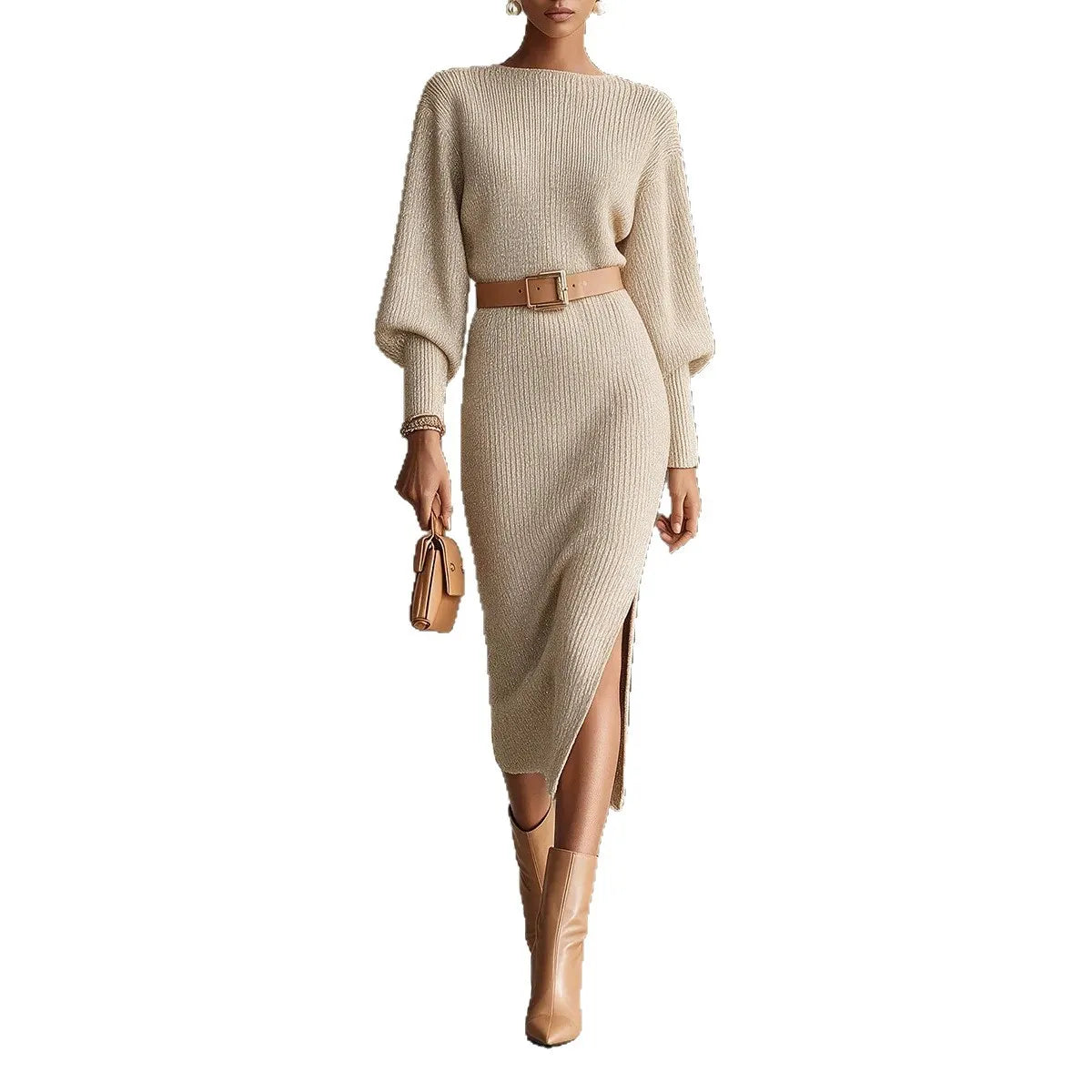 Boat Neck Batwing Sleeve Knit Midi Dress