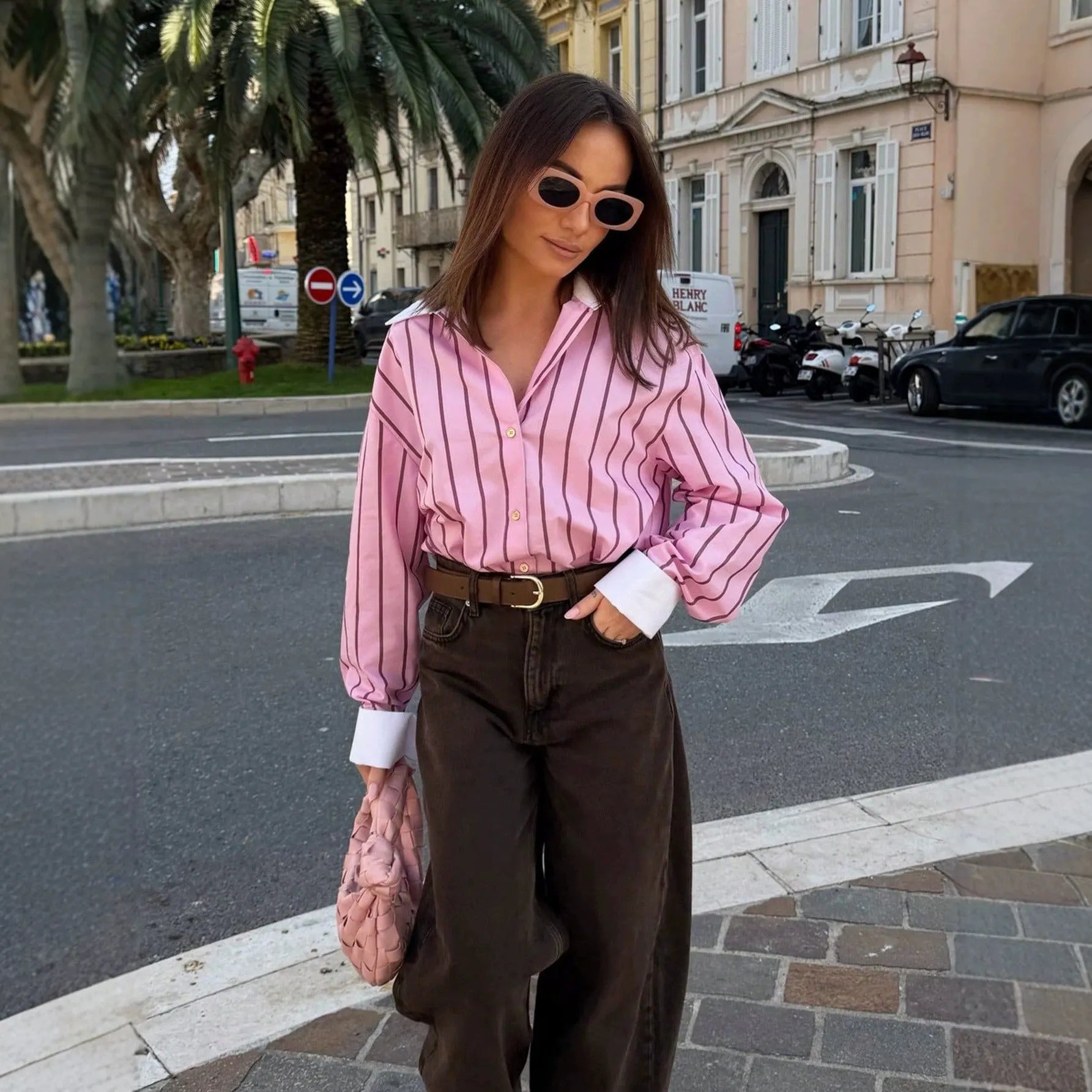 Contrast Lapel Cuff Vertical Stripe Loose Long Sleeve Button Down Shirt
