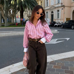 Contrast Lapel Cuff Vertical Stripe Loose Long Sleeve Button Down Shirt