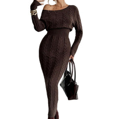 Slash Neck Cable Knit Bodycon Dress, Ladies Long Sleeve Off Shoulder Warm Knitted Midi Dress