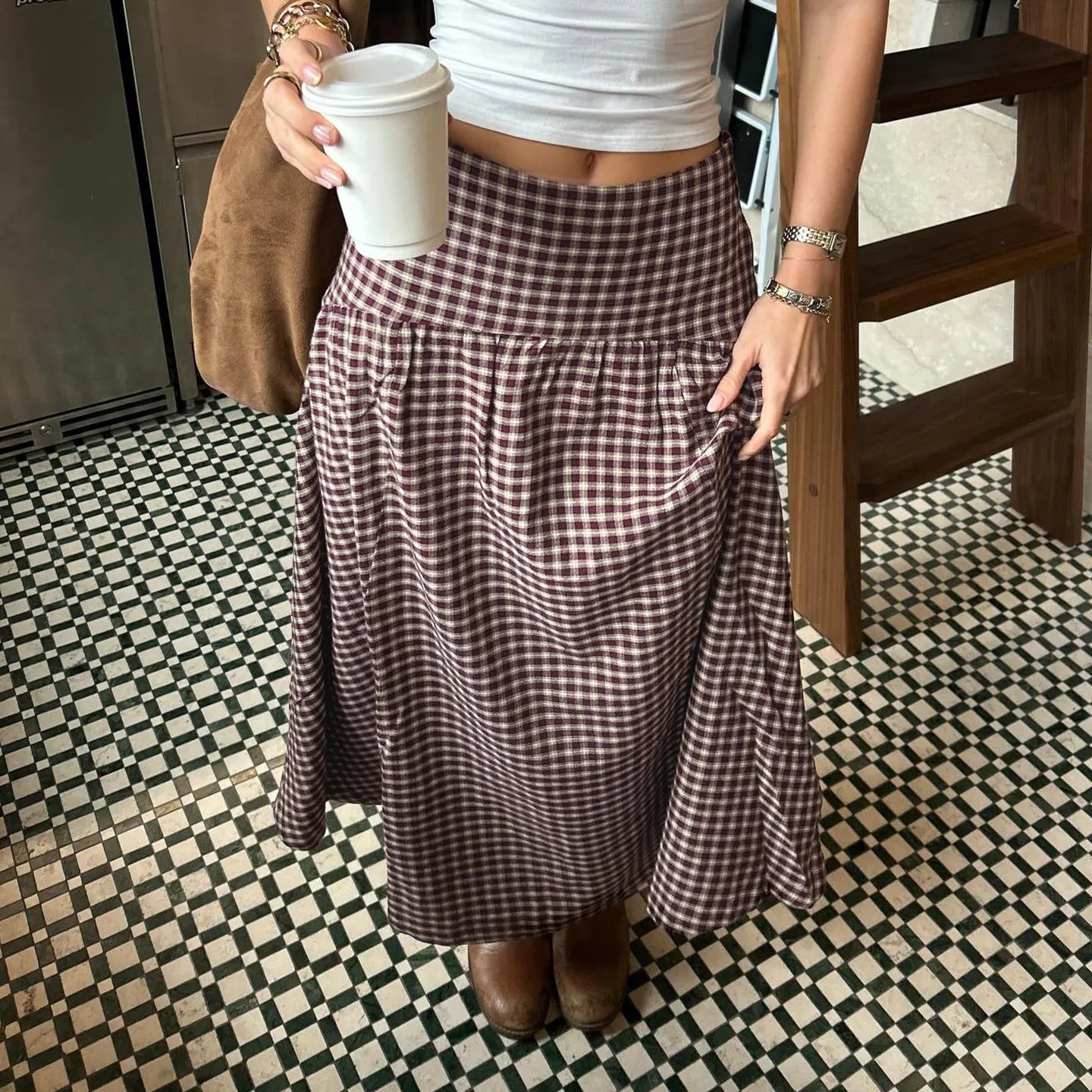Gingham Plaid Elastic Waist Midi Flared Skirt