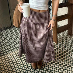 Gingham Plaid Elastic Waist Midi Flared Skirt