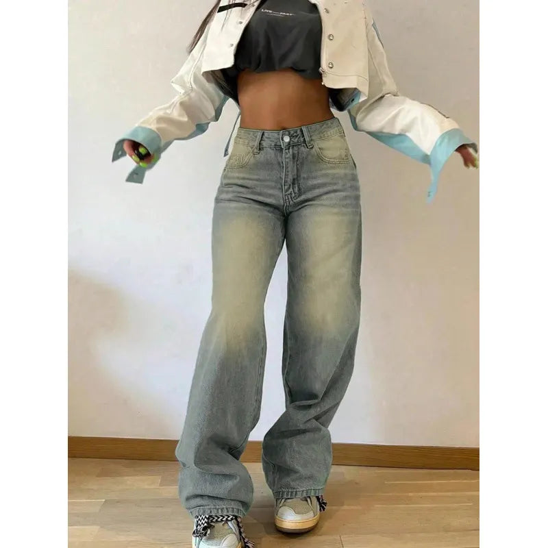 Vintage Washed Gradient Baggy Denim Wide Leg Jeans