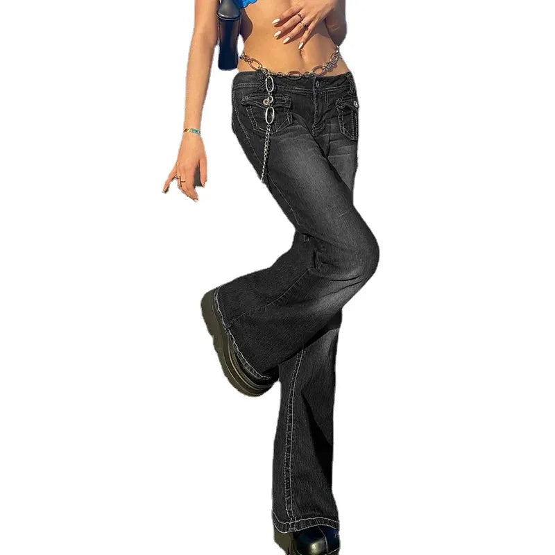 Y2K Dark Blue Multi Pocket Chain Decor Flared Jeans