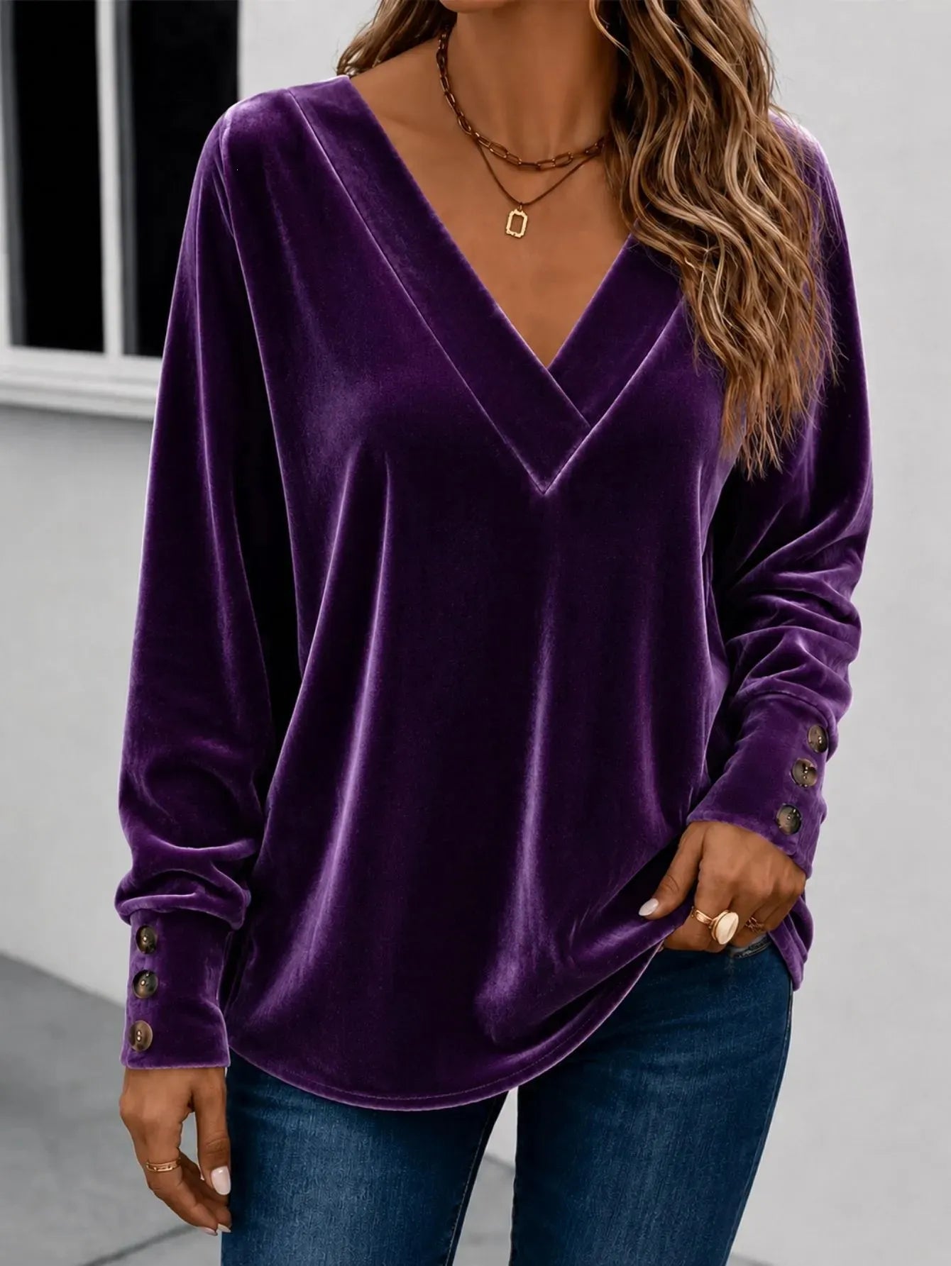 V Neck Velvet Long Sleeve Casual Top
