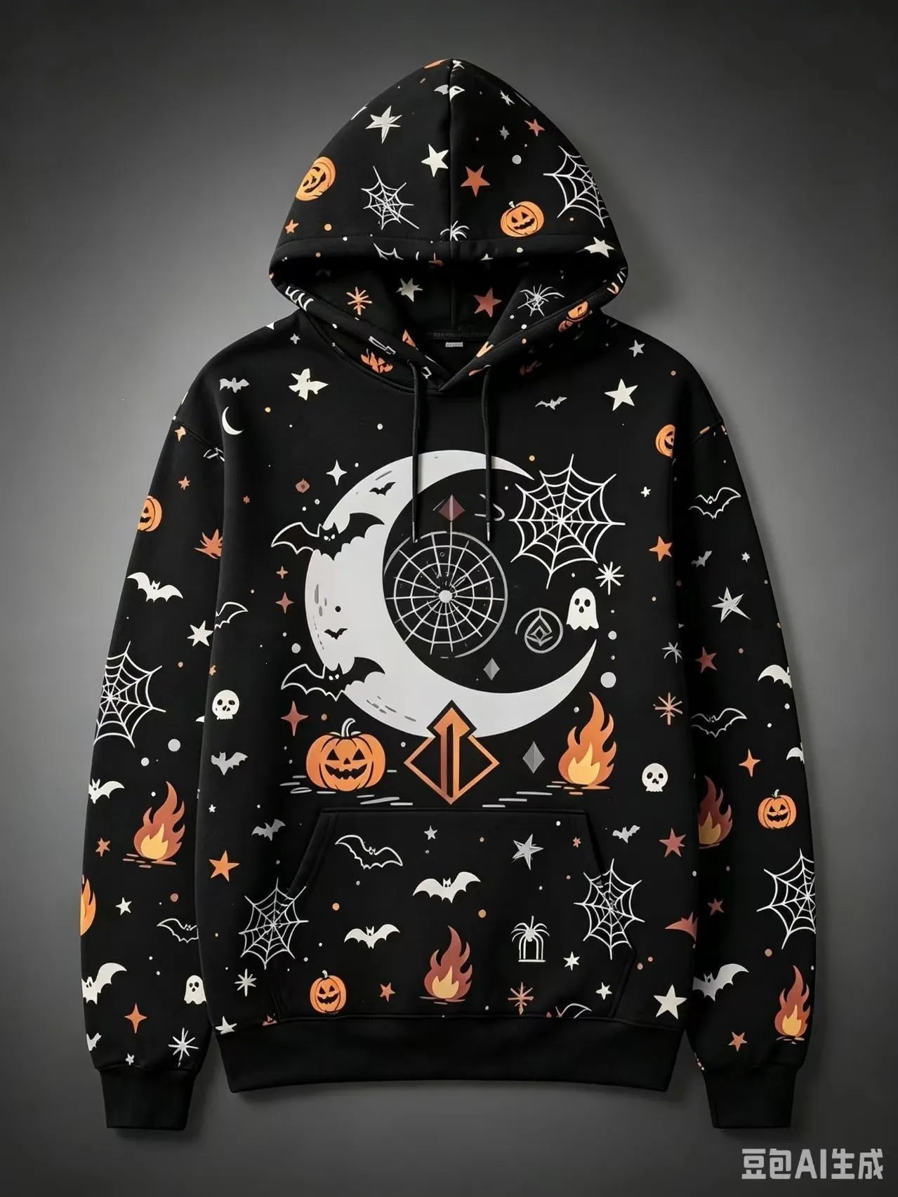 Halloween Black Cat Pumpkin Bat Moon Graphic Hoodie