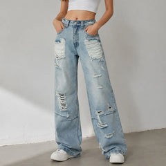 Mid Waist Non-Stretch Ripped Straight Denim Jeans
