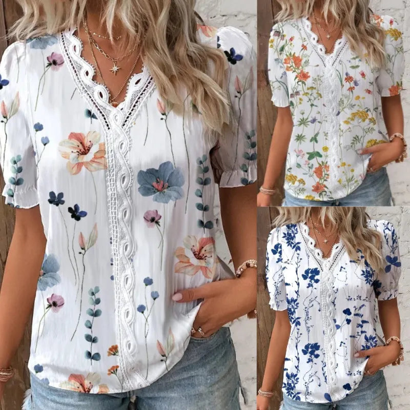 Floral Print Lace V-Neck Short Sleeve Casual Blouse