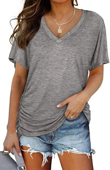 V-Neck Solid Color Loose Short Sleeve Rayon Blend Casual T-shirt