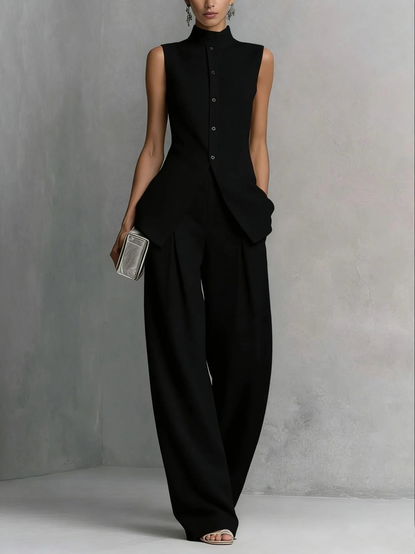 Stand Collar Sleeveless Linen Top & Wide Leg Pants 2 Piece Matching Set