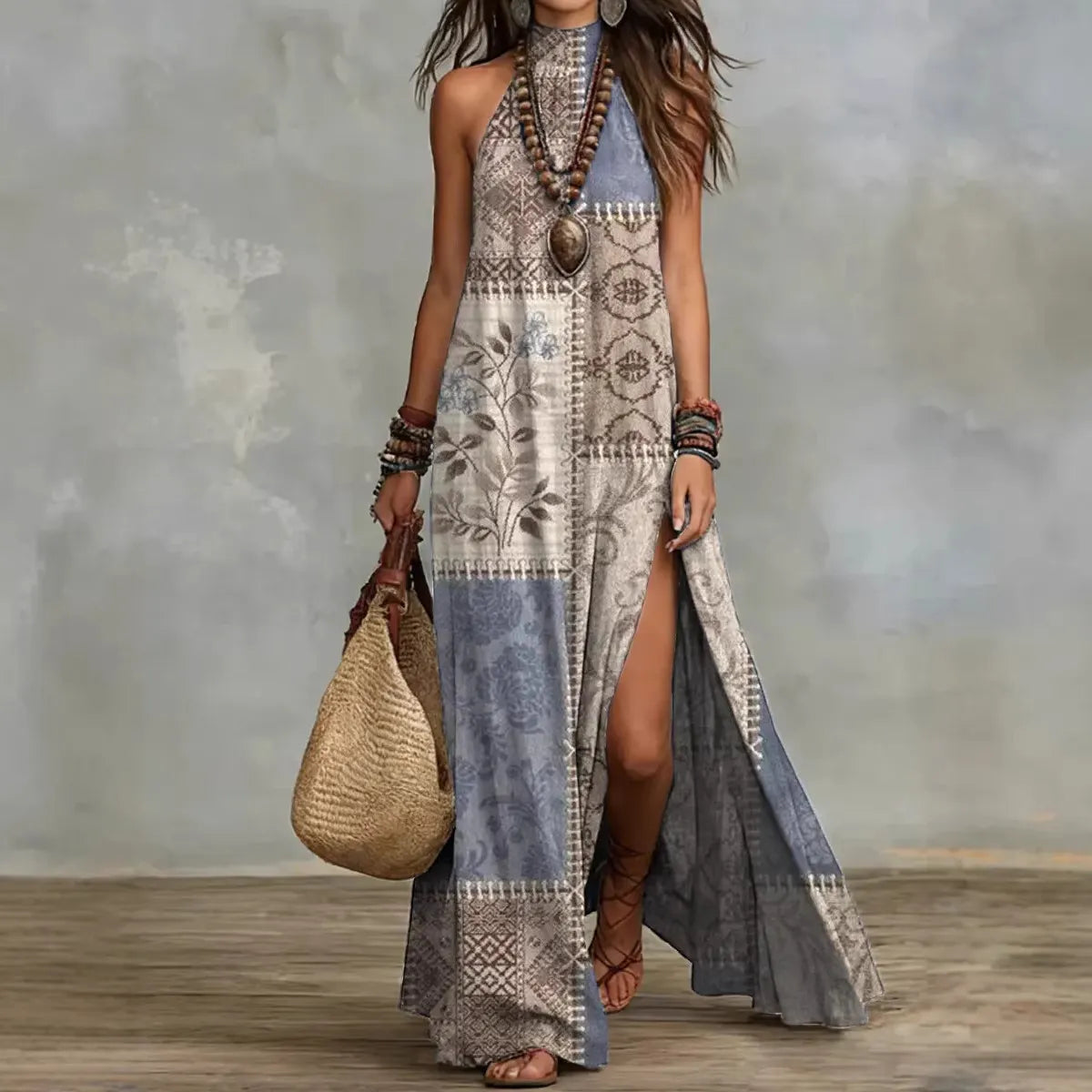 Bohemian Print Halter Neck Sleeveless Maxi Dress