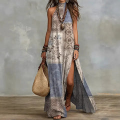 Bohemian Print Halter Neck Sleeveless Maxi Dress