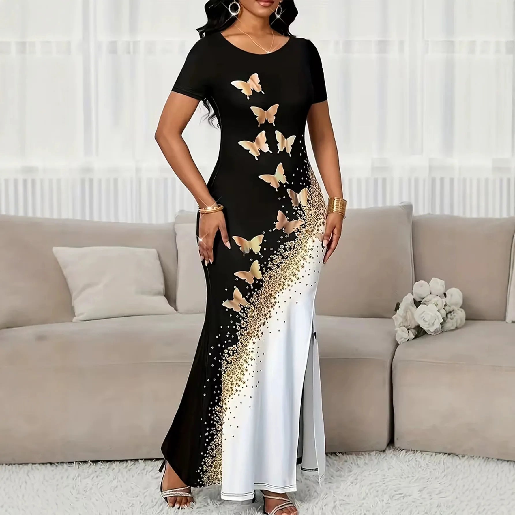 Round Neck Short Sleeve Butterfly Print Side Slit Elegant Maxi Dress