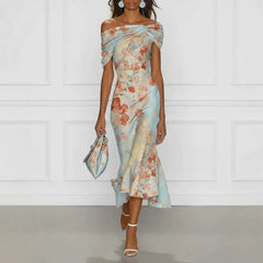 Floral Print Off Shoulder Short Sleeve Mid Waist Slim Mermaid Midi Dress