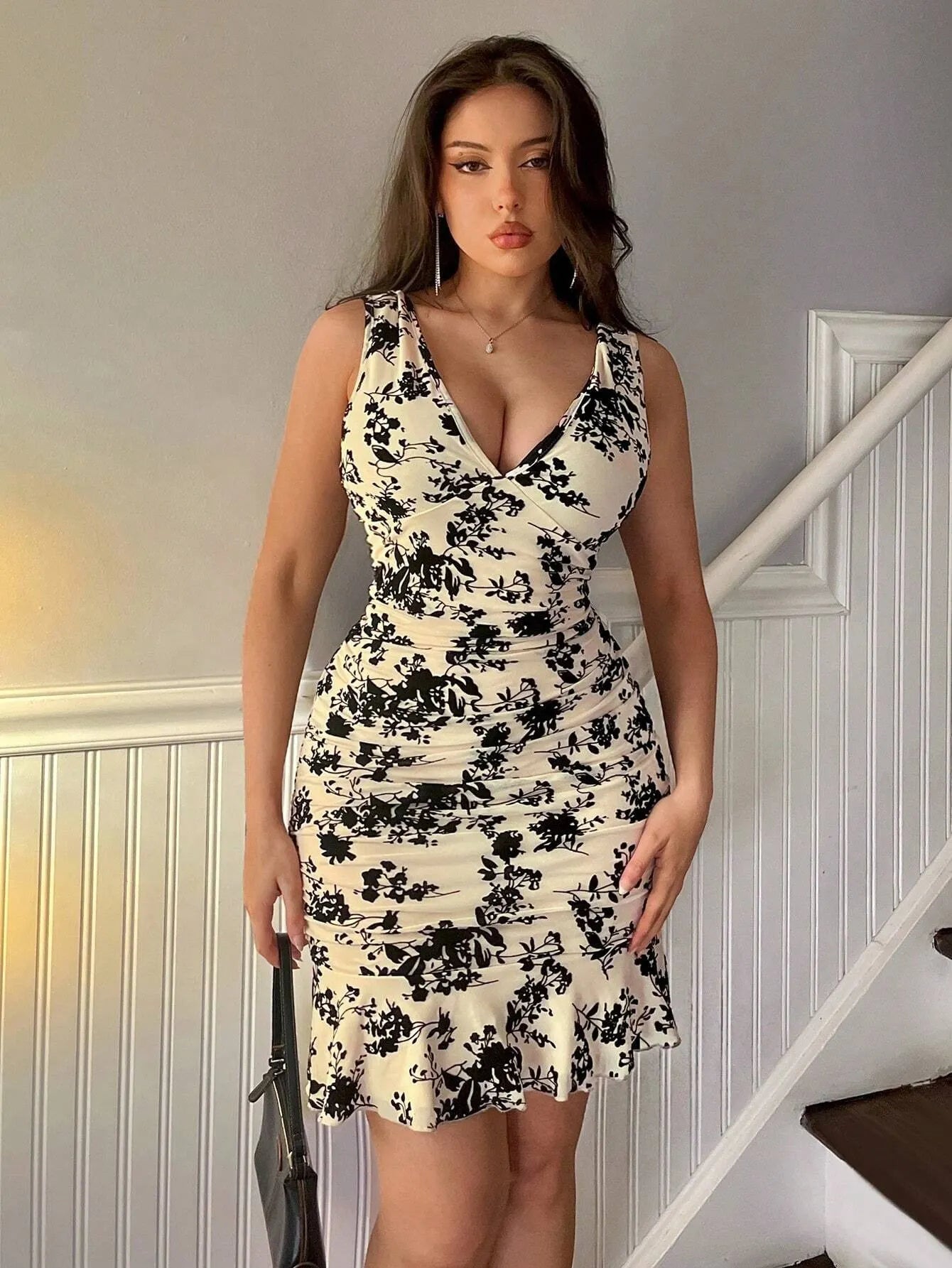 Floral V Neck Sleeveless Ruched Ruffle Hem Bodycon Mini Dress