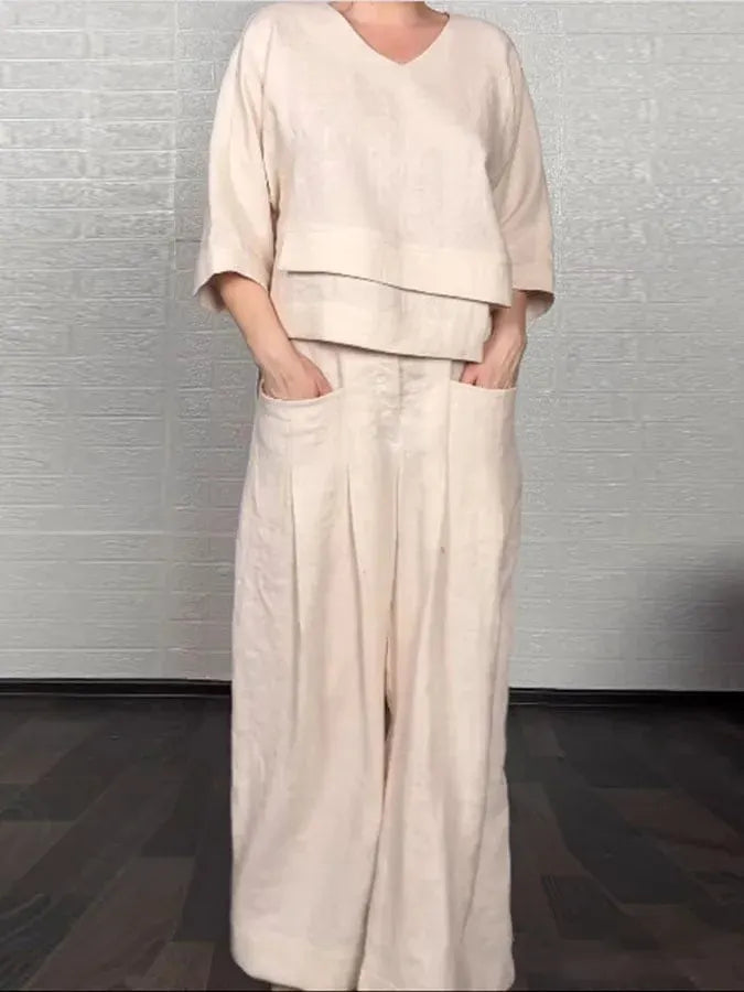 Loose V-Neck 2-Piece Outfit, Batwing Sleeve Top & Wide Leg Pants Set