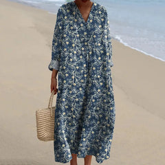 V‑Neck Floral Bird Print Mori Style Long Dress