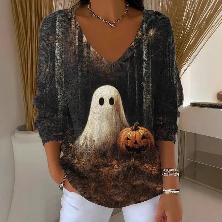 Halloween Ghost Pumpkin V‑Neck Sweater