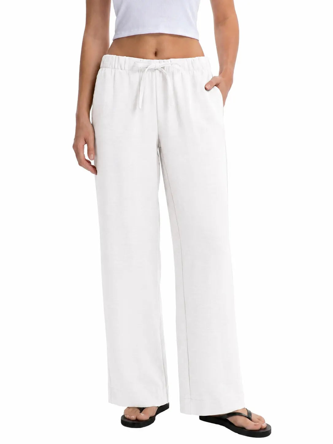 Drawstring Elastic Waist Wide Leg Casual Long Pants Solid Color Loose Trousers