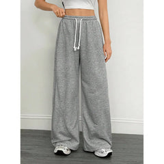Mid Waist Solid Color Drawstring Wide Leg Sweatpants