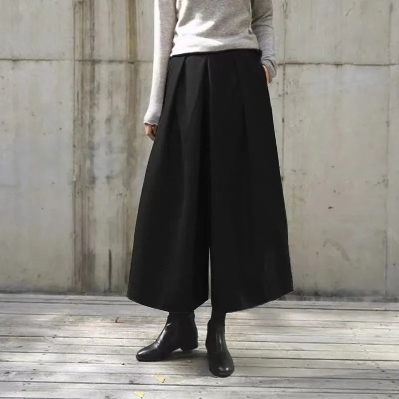 High Waist Cropped Wide Leg Wool Blend Pants