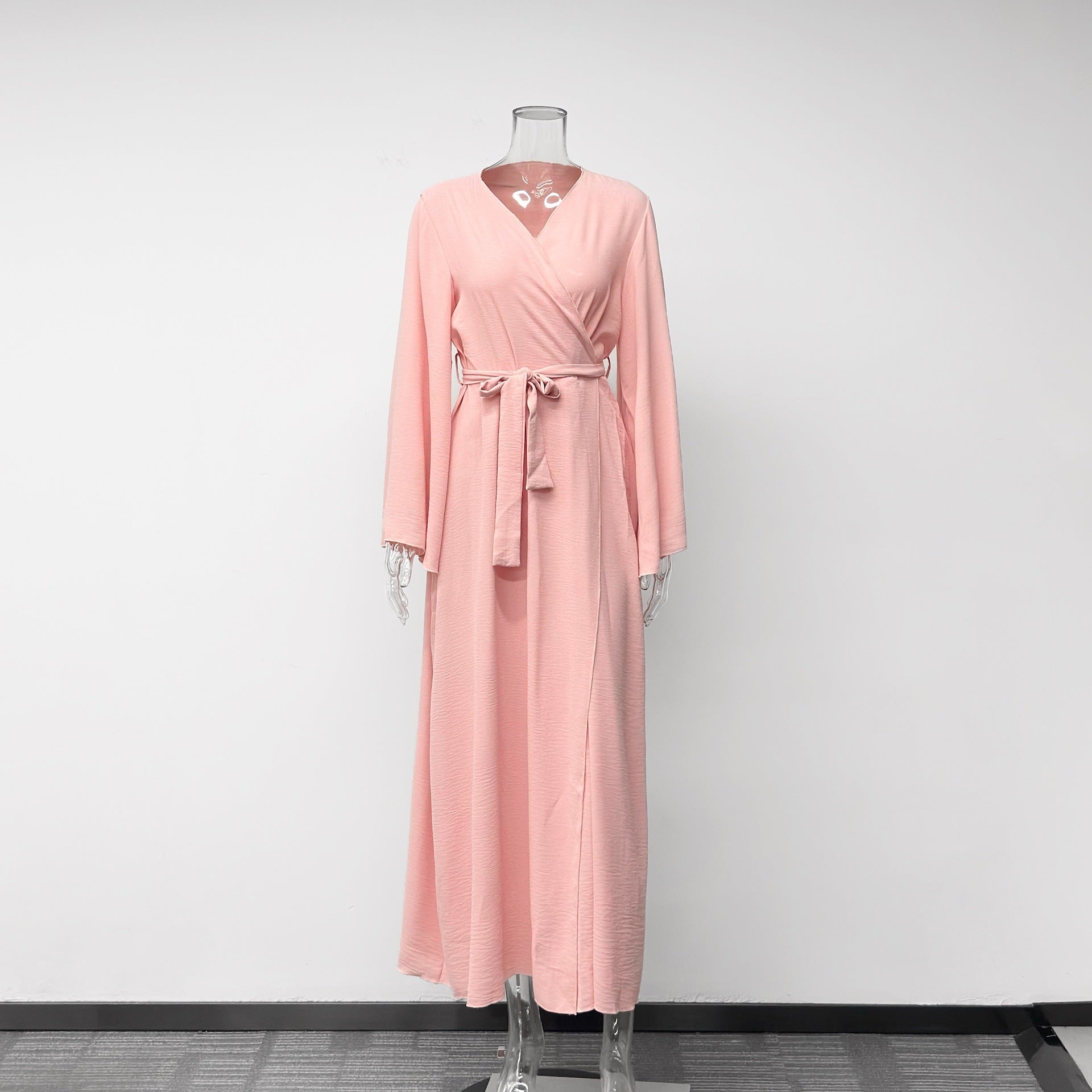 Pink Wrap V-Neck Belted Maxi Dress