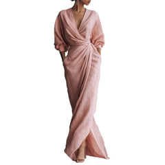 Wrap V Neck Long Sleeve Tie Waist Linen Maxi Dress