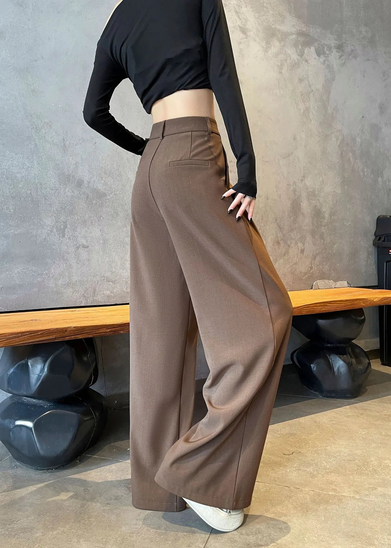 Matching Flowy Linen Look Mid Waist Pleated Wide Leg Straight Commuter Casual Long Pants