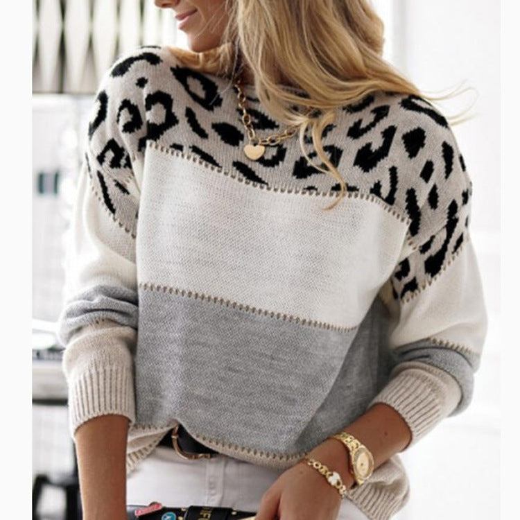 Grey White Pink Leopard Spliced Knit Top, Ladies Crewneck Color Block Casual Sweater