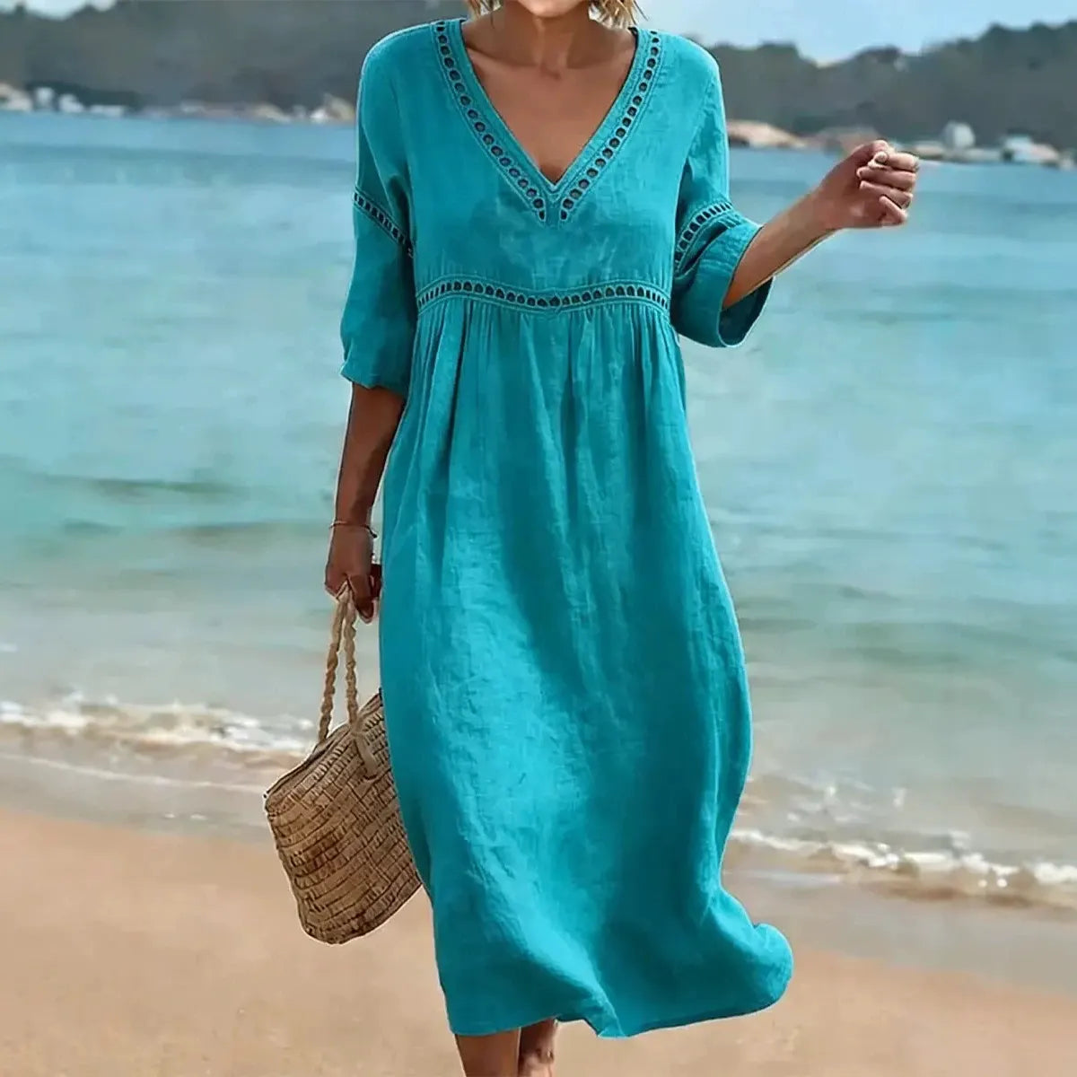 Deep V Neck Embroidery Trim Loose Cotton Linen Pull Pleat Maxi Dress
